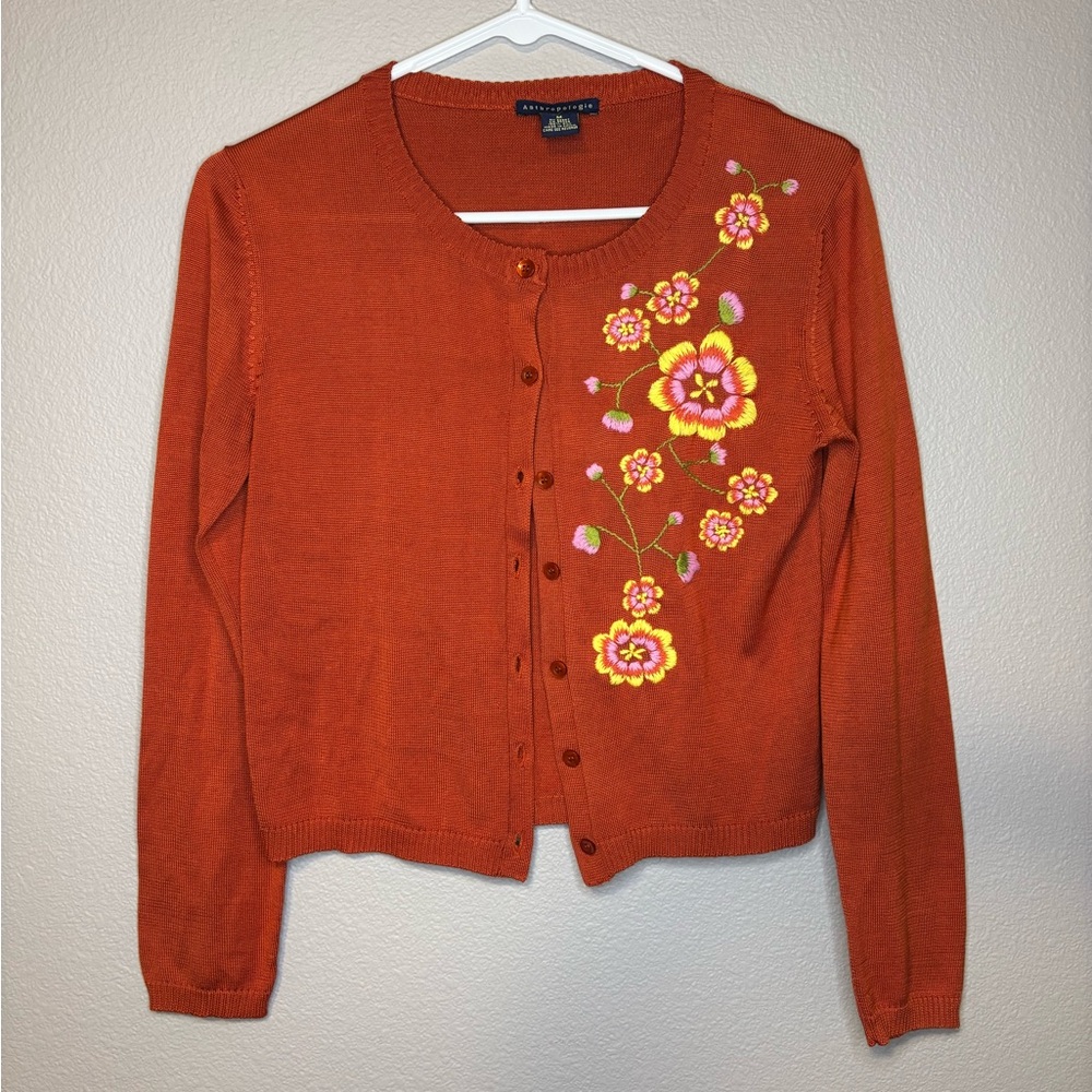 Anthropology Orange Floral Embroidered Silk Sweater
